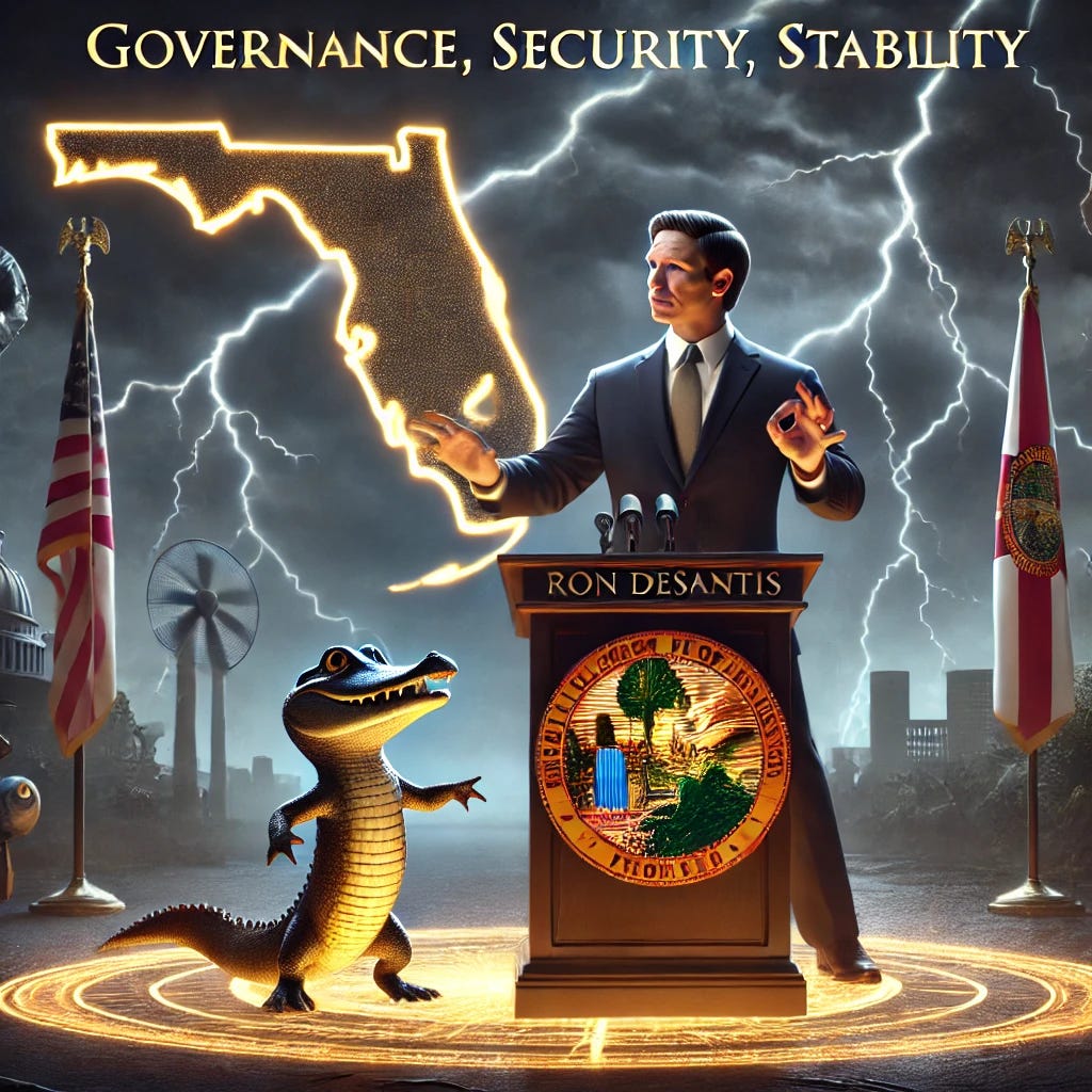 A Pixar-style anthropomorphic gator (Croaky), small and determined, standing at a podium alongside Governor Ron DeSantis. DeSantis is depicted confidently, gesturing toward a glowing map of Florida on a board with radiant lines connecting Florida to other parts of the U.S., symbolizing leadership spreading outward. Croaky holds a scroll with 'Governance, Security, Stability' written in elegant script, emphasizing his commitment to these principles. Behind them, a stormy sky with lightning flashes looms, symbolizing looming threats. The backdrop includes shadowy depictions of hurricanes, a faint city skyline, and abstract chaos shapes, all being kept at bay by a glowing protective shield surrounding the podium. The scene is dramatic, inspiring, and highlights leadership and resilience.