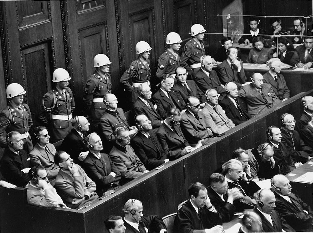 The defendants in the dock at the International Military Tribunal at Nuremberg.