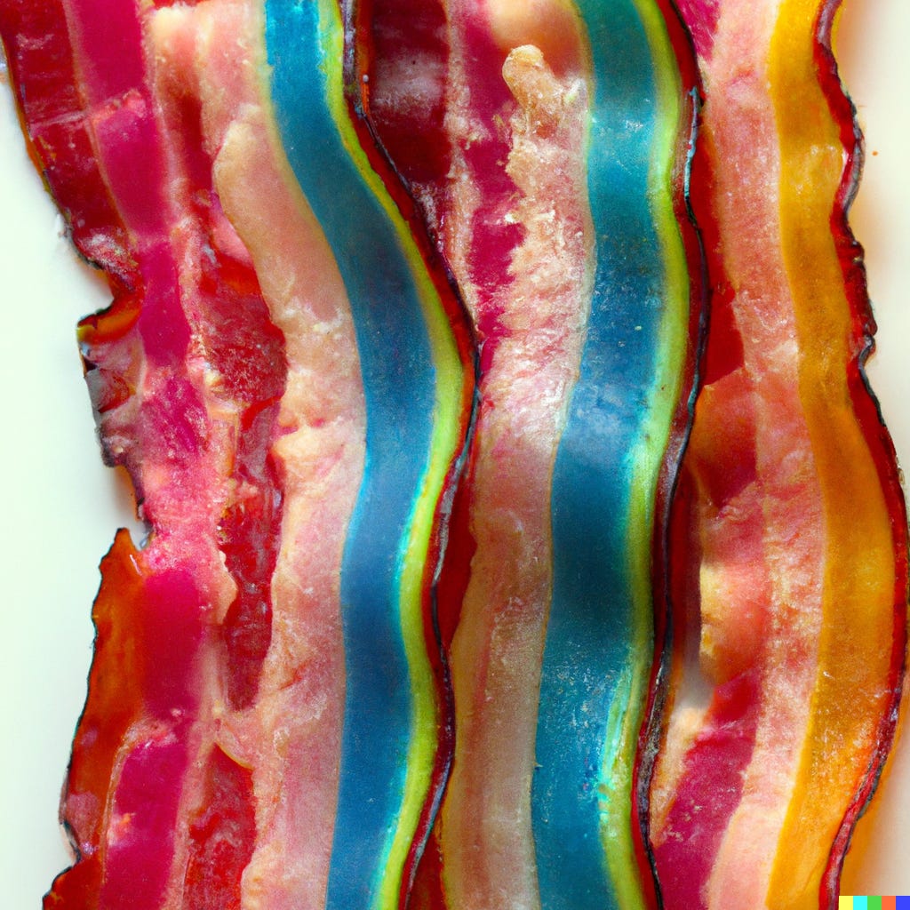 DALL-E image of rainbow bacon strips