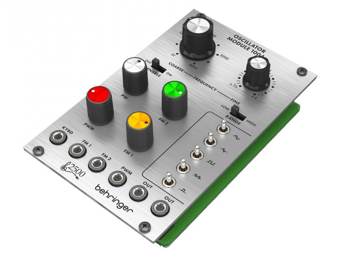 Oscillator with knobs to adjust frequency and switches to select waveform. Output ports to send signal to further processing.