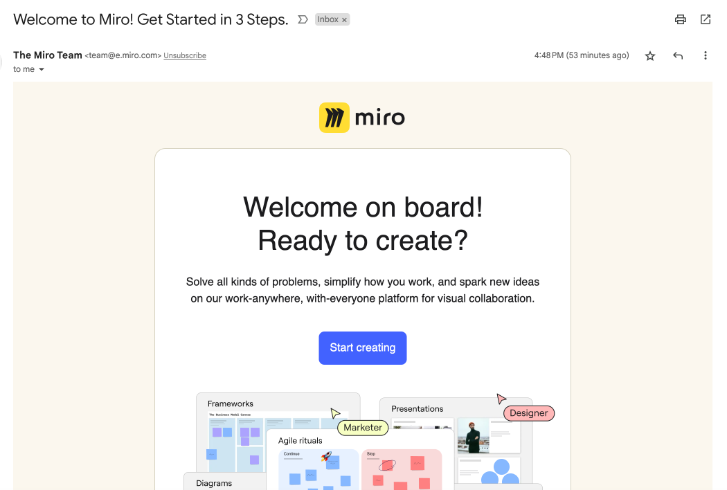 Miro welcome email screenshot