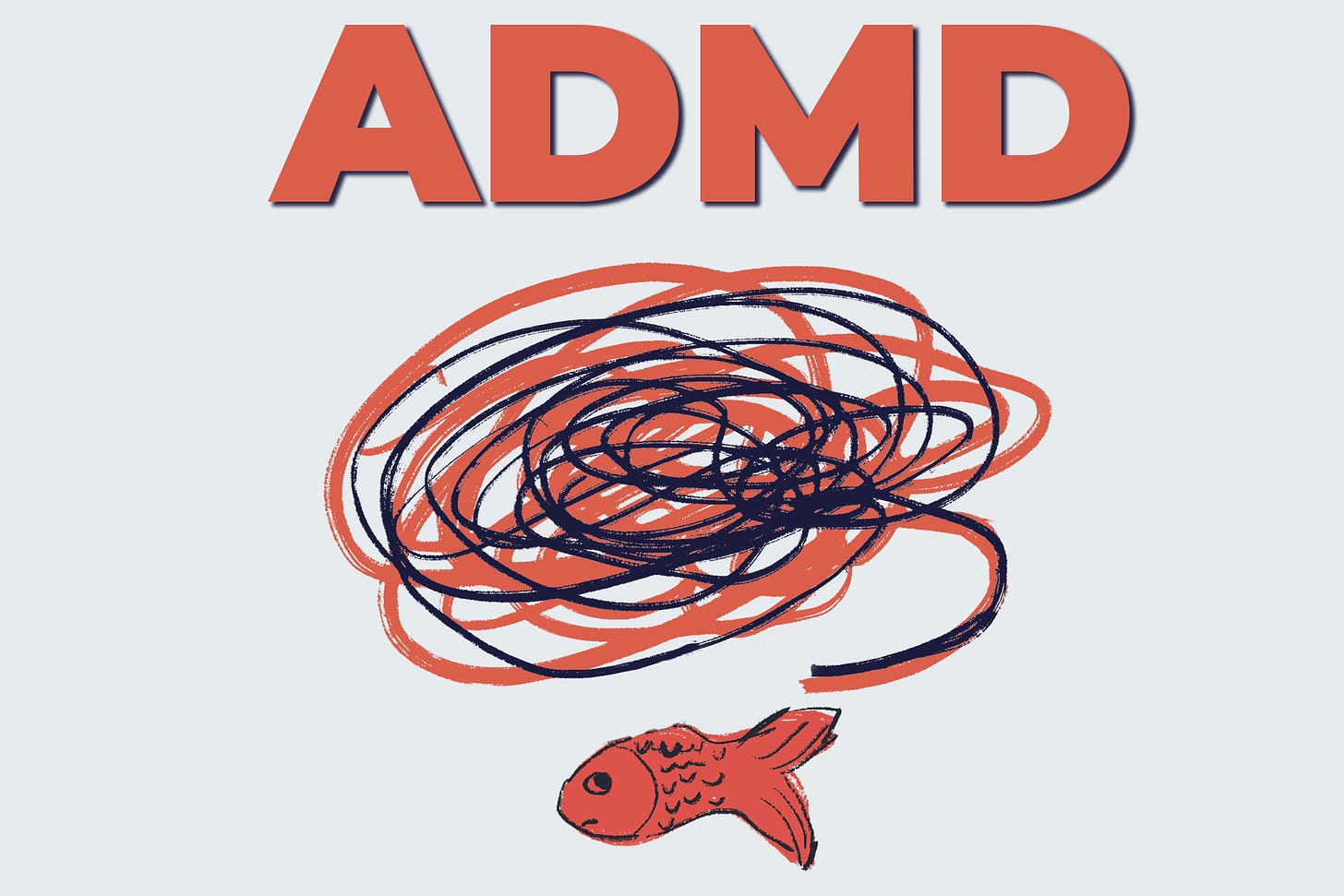 ADMD logo - a red fish with a red and blue brain-shaped squiggle above it. At the top, large letters that spell "ADMD"
