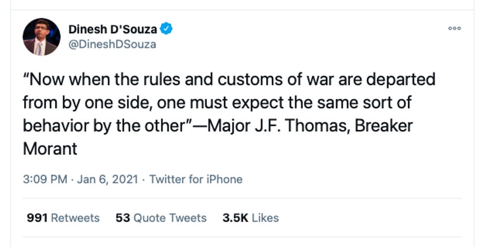 Tweet: "Now when the rules and customs of war are departe