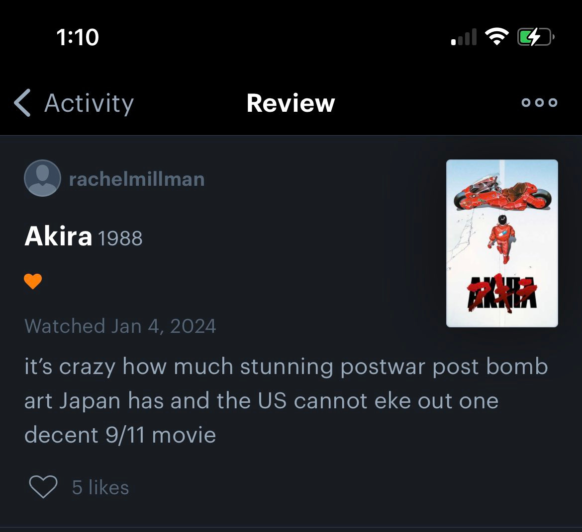 Rachel Millman's Letterboxd review of 'Akira': "it’s crazy how much stunning postwar post bomb art Japan has and the US cannot eke out one decent 9/11 movie"