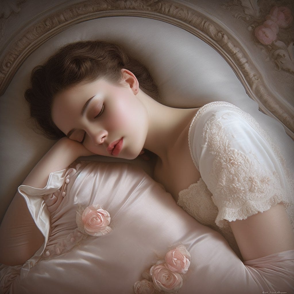 a sleeping beauty Serene, blissful, cushioned, tender, luxurious, soft, head, pillow, nestle, delightfully, soothingly, repose --v 5 