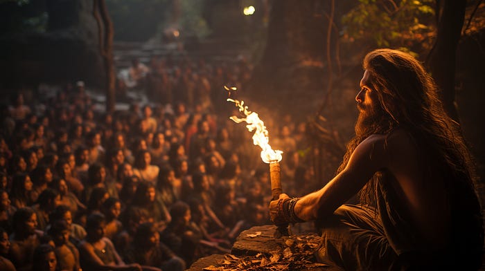 Envision extreme wide shot photograph of Birsa Munda as a 25 year old male adivasi with medium long hair, sitting on a platform under a huge tree in a majestic pose encircled by large adivasi crowd in deep jungle in India in 1885. Subtle side lighting shapes his black hair and stoic visage. 4k, Hyper cinematic, photorealistic, raytracing, global illumination, shallow depth of field, 35mm lens, chiaroscuro lighting, high contrast, dramatic, cinematic, contrast, award winning photo
