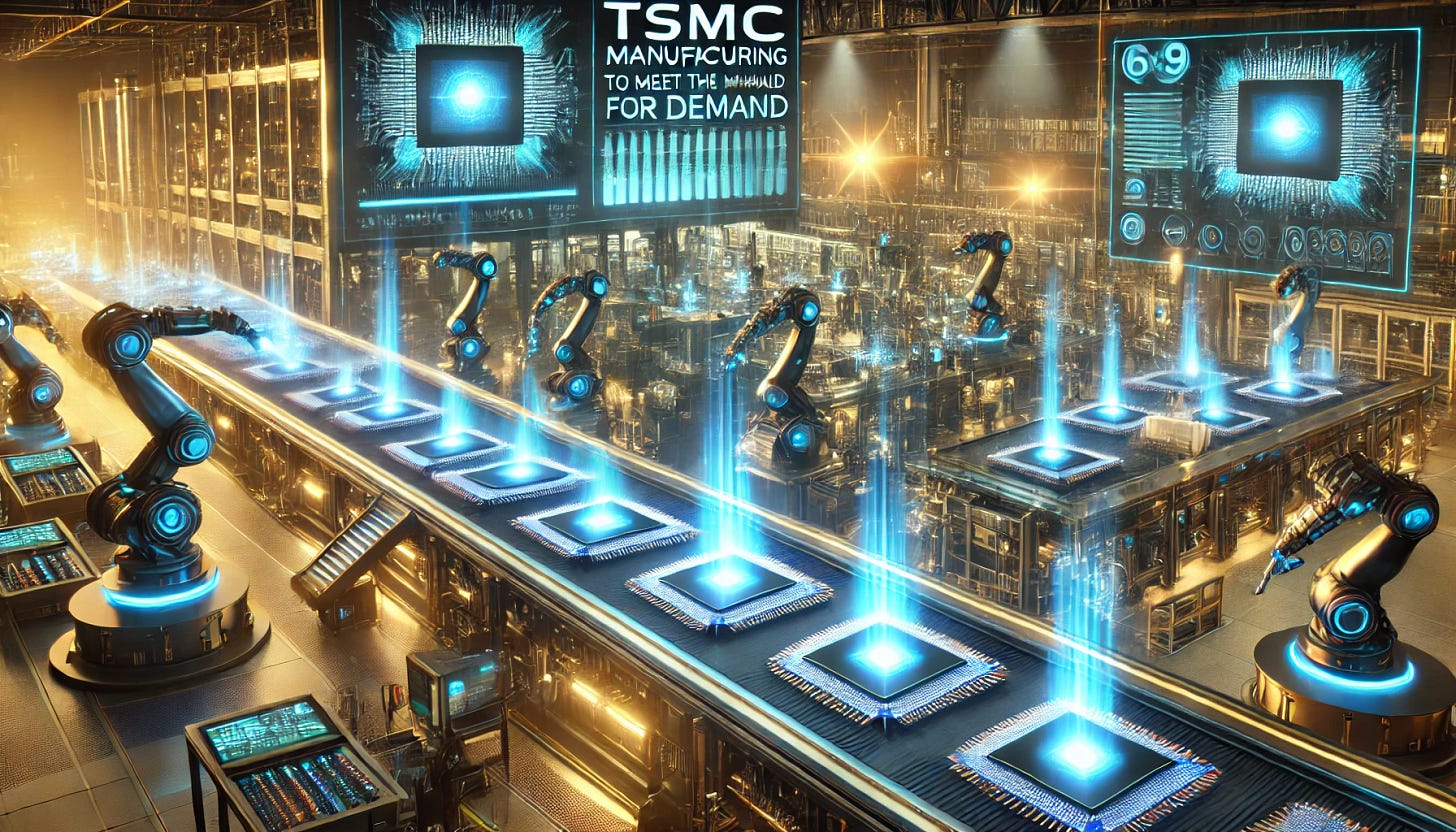 A 16:9 futuristic illustration depicting TSMC manufacturing to meet the massive demand for AI chips. The scene features a bustling, high-tech semiconductor fabrication facility with glowing robotic arms assembling advanced AI chips on production lines. The chips radiate a vibrant blue and gold light, symbolizing cutting-edge technology. Holographic displays show rising production metrics and demand graphs. The TSMC logo is prominently displayed in the background on sleek, futuristic equipment, emphasizing the company's role as a leader in AI chip manufacturing. The atmosphere conveys precision, innovation, and scale.