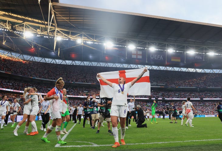 England's Lionesses on a pitch after a match celebrating a win