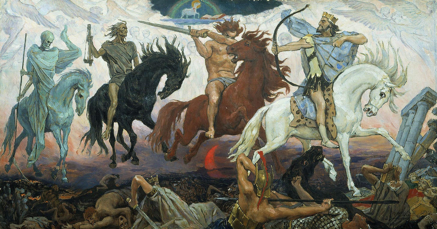 Painting: Four Horsemen of the Apocalypse by Viktor Vasnetsov, 1887