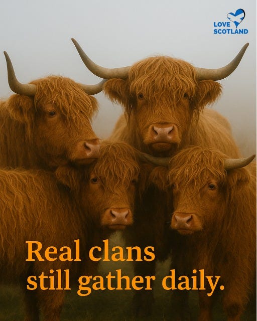 May be an image of text that says "LOVE LOVE SCOTLAND つ Real clans still gather daily."