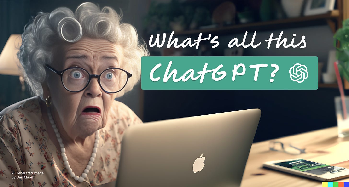 Elderly woman with confused expression. Text reads: What's all this ChatGPT?