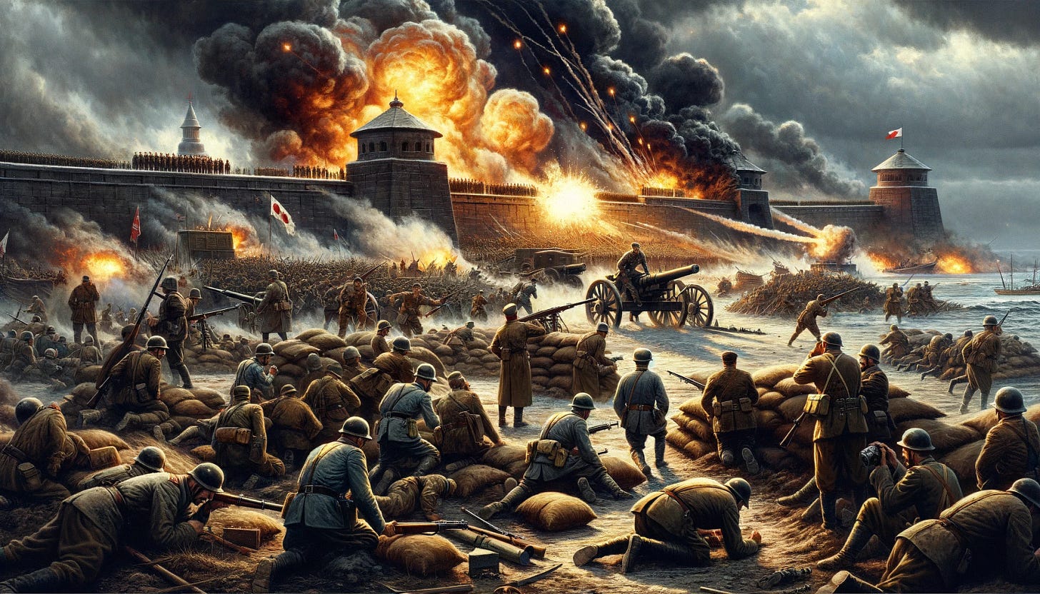 A historical scene depicting the storming of Port Arthur during the Russo-Japanese War. The image shows a dramatic and intense battlefield with Russian and Japanese soldiers engaged in combat. The Japanese troops are seen advancing under heavy fire, with explosions and smoke filling the air. The background features the fortified positions of Port Arthur, with artillery fire and billowing smoke. Soldiers are in period uniforms, reflecting the early 20th-century military attire. The atmosphere is tense and chaotic, capturing the ferocity of this pivotal battle.
