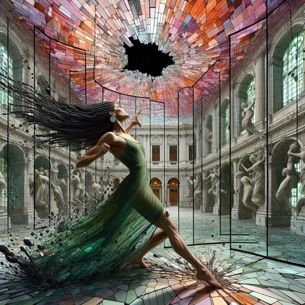 inside glass structure; 5d angle glass embedded Altgeld hall building/ Broken into fragments/ woman, poised in a fighting stance, angst; in front of  Altgeld hall in olive, chartrues, dress /collar made of black water in resin/long black hair falling into her face. coral orange, pink, cream, olive address/earrings made of moons aglow/ reverberating waves. black hole in floor/ water in resin verdigris/ In the style of Michael Parkes. black etching/ black linework/ black sky 