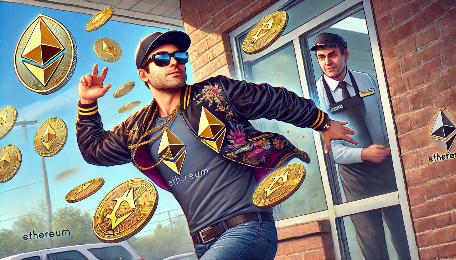 A stereotypical 'CryptoBro' with sunglasses, a flashy jacket, and a confident smirk, dramatically throwing all his Ethereum assets out of a window. Ethereum logos are seen flying in the air as he turns away. In the background, the same man is entering a fast-food restaurant, now wearing a uniform and cap, looking humbled as he prepares to start his shift. The scene has a humorous and dramatic contrast, focusing only on Ethereum. No Bitcoin or other cryptocurrency logos should appear in the image.