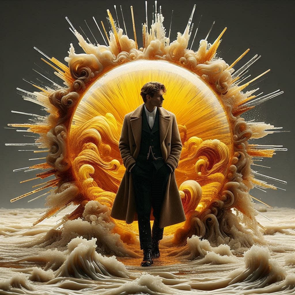 resin sun inside glass; tiltshift /flying at angles/ 8d angled glass embedded /beautiful, heroic, strong handsom man/ velvet blonde, cream, ivory long coat/ black leather boots. water in resin/ ; he is at Monks mound at Cahokia / amber cream,tsunami full of fire/ reverberating waves. black hole in floor/ water in resin verdigris/ In the style of Michael Parkes. black etching/ black linework/ daytime sky/fluffy clouds 
