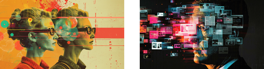 A juxtaposition of two digital art pieces: on the left, a double exposure portrait of a woman with retro-futuristic glasses, overlaid with abstract shapes in a yellow and red color scheme; on the right, a complex visual of a man's profile composed of numerous floating digital screens and graphic elements, suggesting a theme of data overload or connectivity in a dark, multicolored palette.