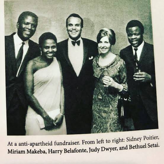 Photo from an anti-apartheid fundraiser with Sidney Poitier, Miriam Makeba, Harry Belafonte, Judy Dwyer and Bethuel Setai. All dressed real fancy. 