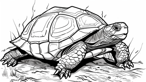 Turtle resting on a sandy beach near the coast, depicted in a coloring page.