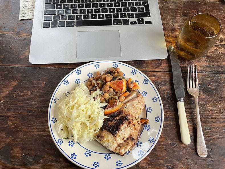 Lunch al desko – sea bream, chickpeas with roast fennel and orange, and shredded cabbage