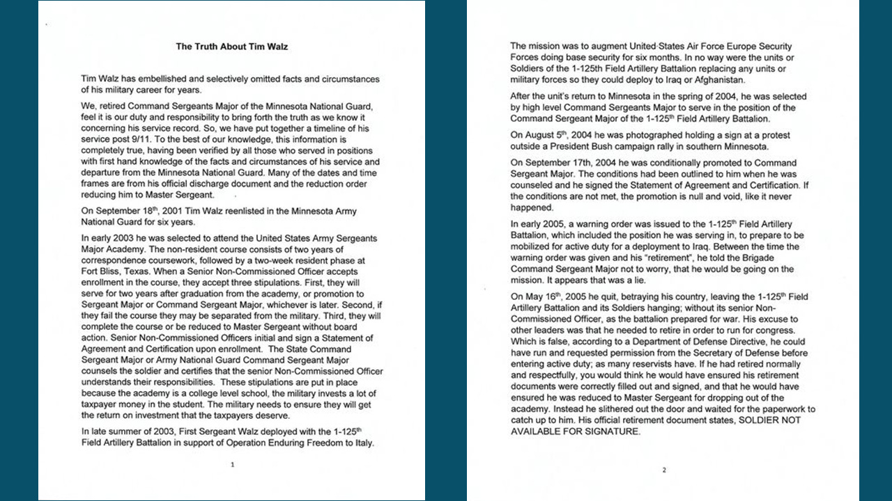 Pages 1 and 2 of open letter from Minnesota Guardsmen about Tim Walz