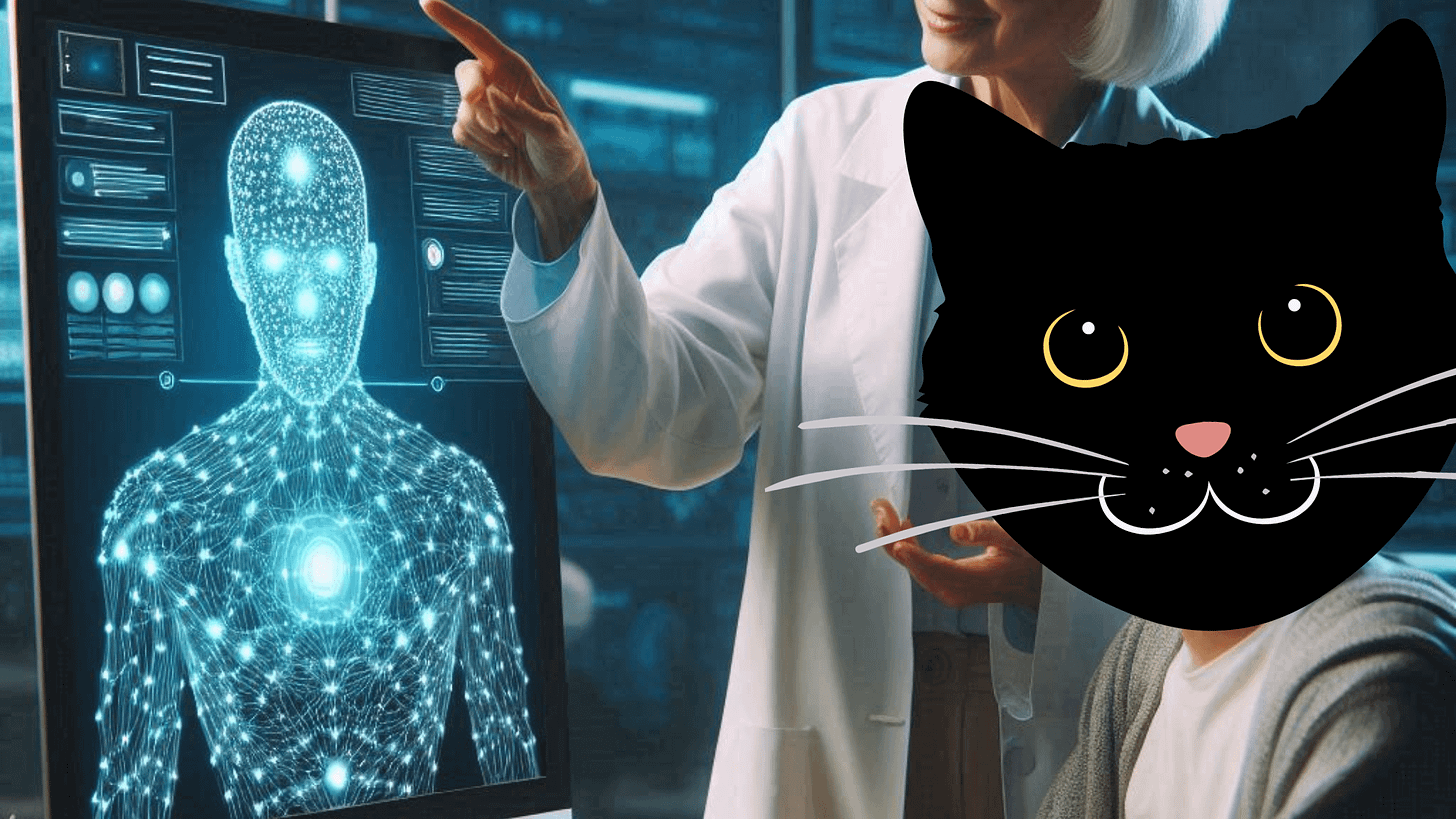 Image of human and humanoid cat scientists