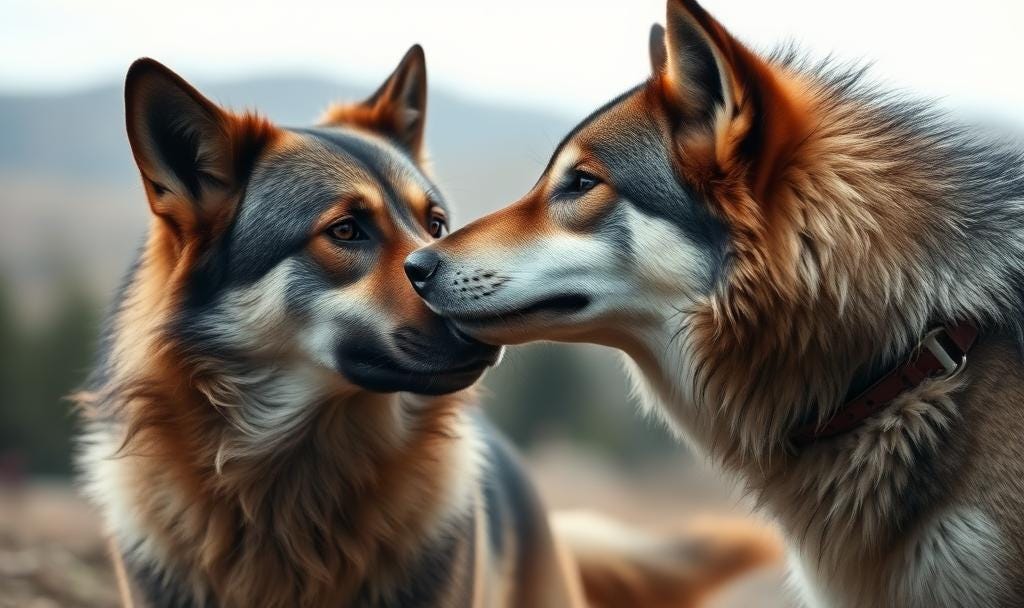 AI generated image of a dog and a wolf