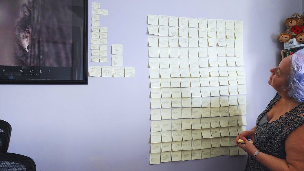 Gisèle Grenier looking at a wall covered in post-it notes with blogging ideas