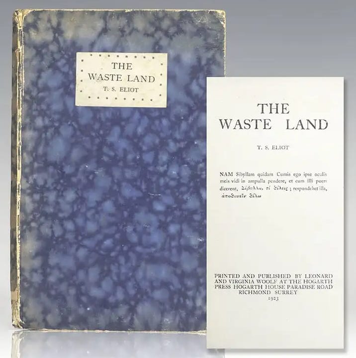 Photo of first British edition of The Waste Land, published by The Hogarth Press, with blue mottled cover
