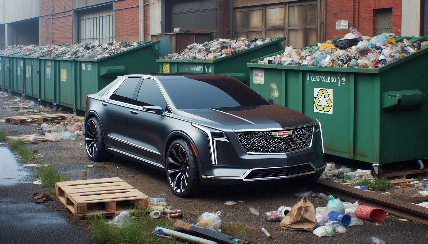 AI generated image of a sleek black luxury vehicle parked at the dump