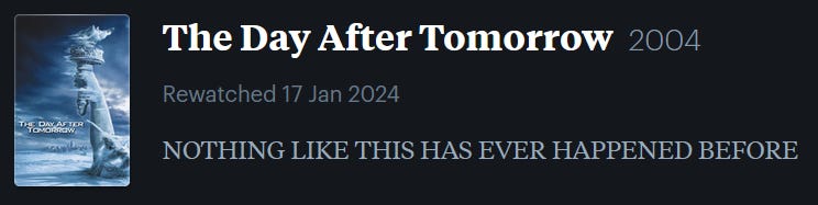 screenshot of LetterBoxd review of The Day After Tomorrow, watched January 17, 2024: NOTHING LIKE THIS HAS EVER HAPPENED BEFORE
