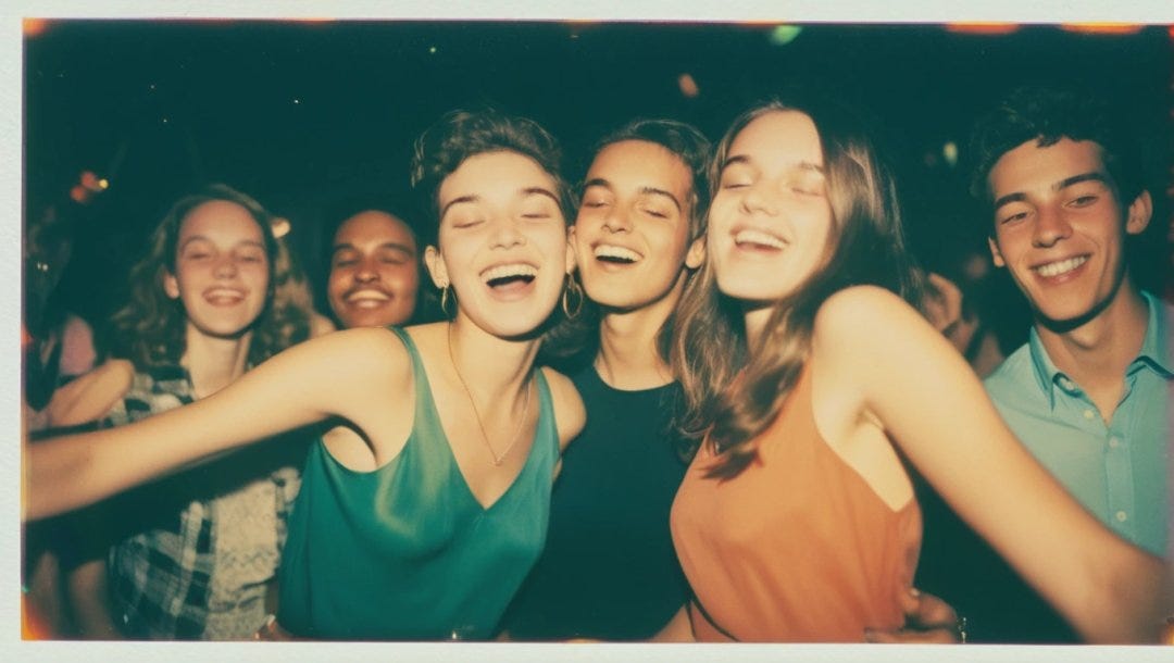 Warm, grainy film with light leaks of A group of friends dancing at a disco party  Polaroid with slightly peeled edges