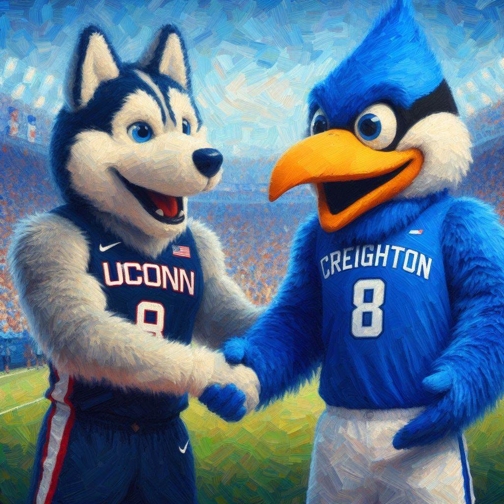 The UConn Huskies mascot and the Creighton Bluejays mascot Billy Bluejay shaking hands and smiling, impressionism