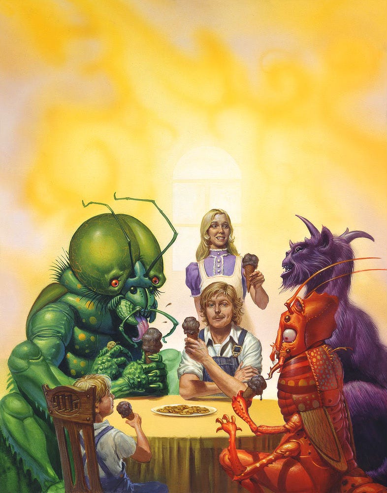 At a kitchen table surrounded by aliens, a man in overalls and white shirt with sleeves rolled up holds up a sugar cone topped with chocolate ice cream. He stares knowingly at the camera with mouth cocked in a dimpled grin. Behind him, a woman in apron nervously offers an ice cream to a creature with purple fur and horns on its head. In the foreground right, a lobster-red insectile alien stares down in surprise at his dripping treat. The last alien, bulky and green with bulbous head and tiny red eyes, extends its bumpy pink tongue from pronounced mandible in a long slurp. In one of its four hands, it holds a tiny cookie from the plate set on the table between guests. Seated in the foreground left with back angled toward the audience, a human boy, distracted from his dessert by the oddball affair, seems enthralled by the visitors. The background is a haze of bright yellow with white highlights defining an arched window.