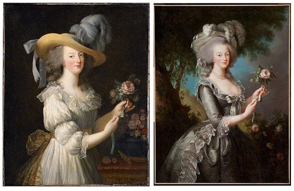 <em>Marie Antoinette in a Chemise Dress</em>, 1783; <em>Marie Antoinette with a Rose</em>, 1783