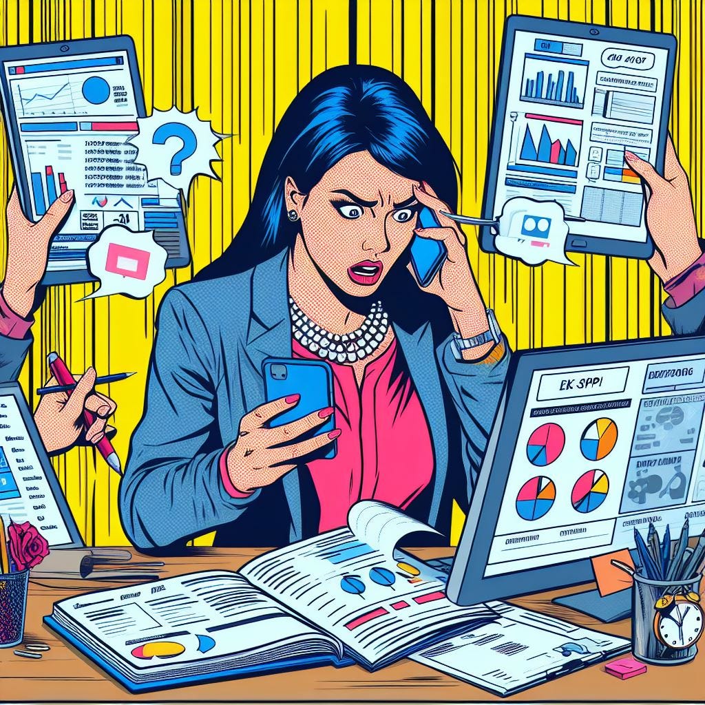 A female product manager overworked and multitasking looking at metrics, interviewing a customer, and examining web app designs in a pop art style