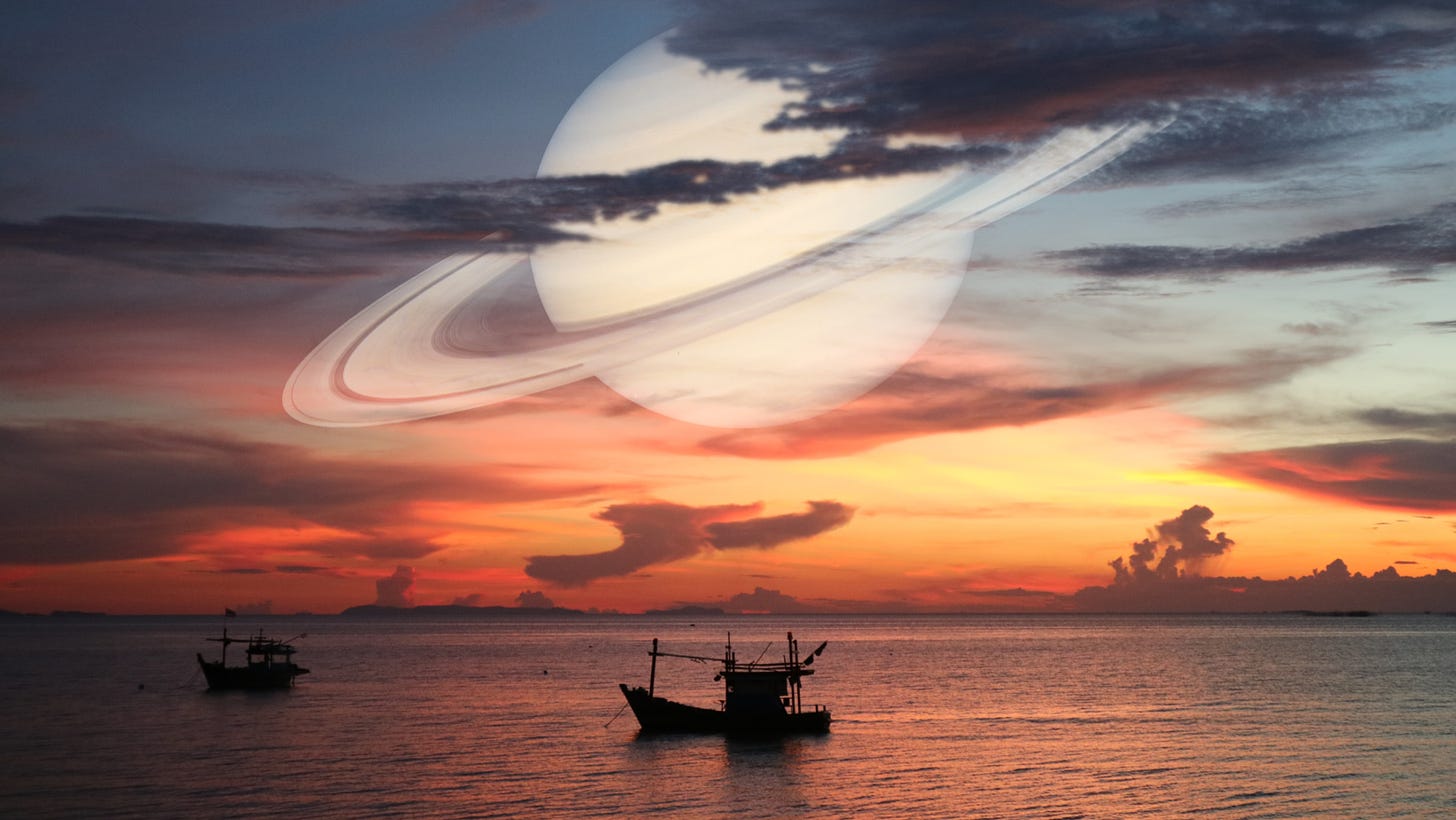 The image shows evening time river with boats. In the sky planet Saturn is appearing. The image is part of the article titled “The Fourth Sade-Sati: Is it my end?” published on https://rationalastro.org. The article is written by Anish Prasad who is an IIT Engineer, an IPS officer and passionate Astro-Spirituality researcher and practitioner.