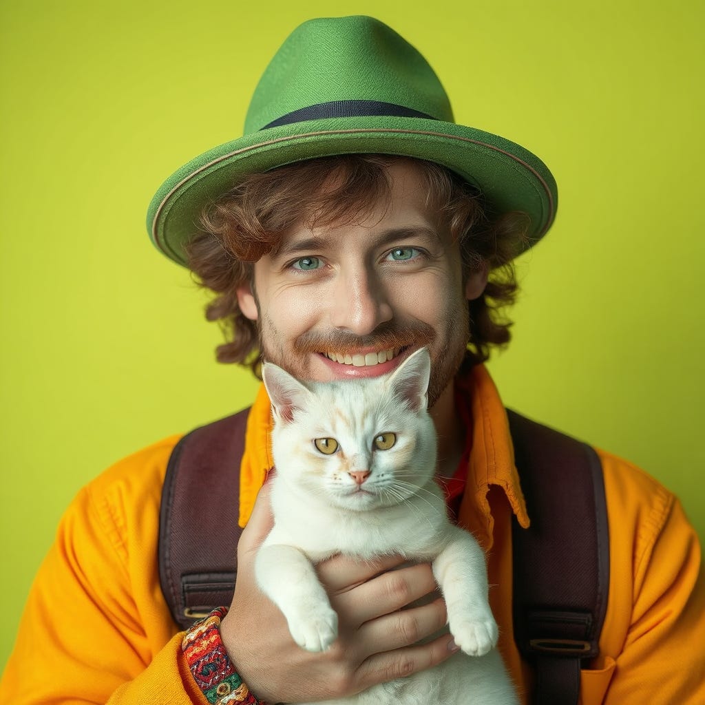 Happy 35-year old, brunette-haired, caucasian man with vivid color clothes wearing a green hat, holding a white cat, wearing contrasting vivid color accessories, isolated on vivid contrasting green background with space.