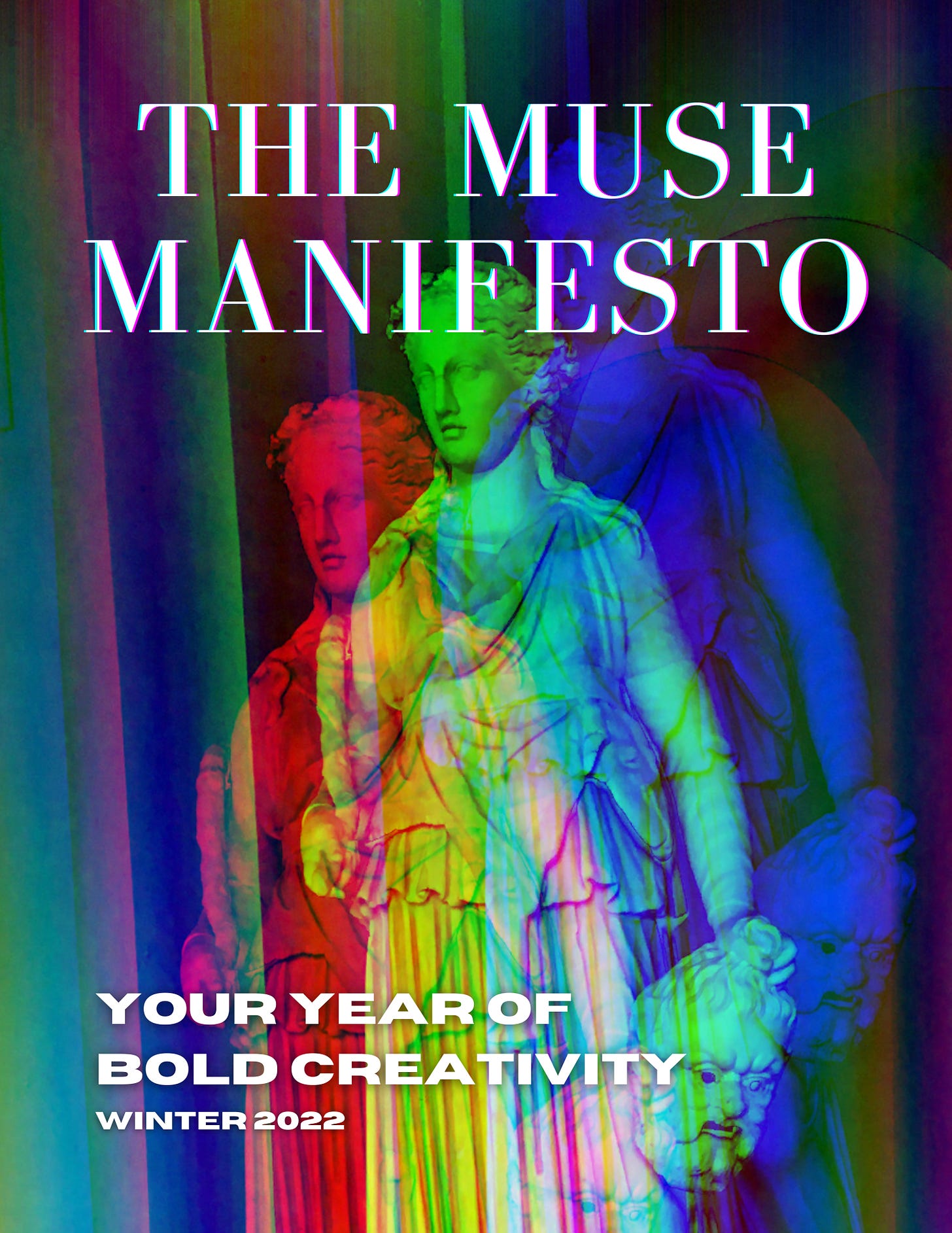 The cover of issue 1 of The Muse Manifesto: a glitchy photo of a statue of the muse Thalia