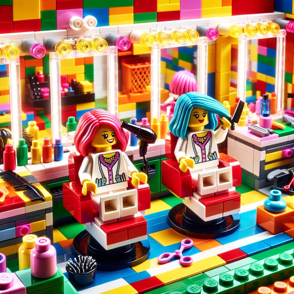 Two LEGO figurines designed as hairdressers, working in a brightly colored LEGO salon. The salon is detailed with LEGO-built hairdressing chairs, mirrors, and various hairdressing tools like scissors, hairdryers, and combs, all made from LEGO. The hairdressers are wearing stylish outfits and are in the midst of styling the hair of LEGO customers. The environment is vibrant and playful, reflecting the creative and whimsical nature of LEGO.