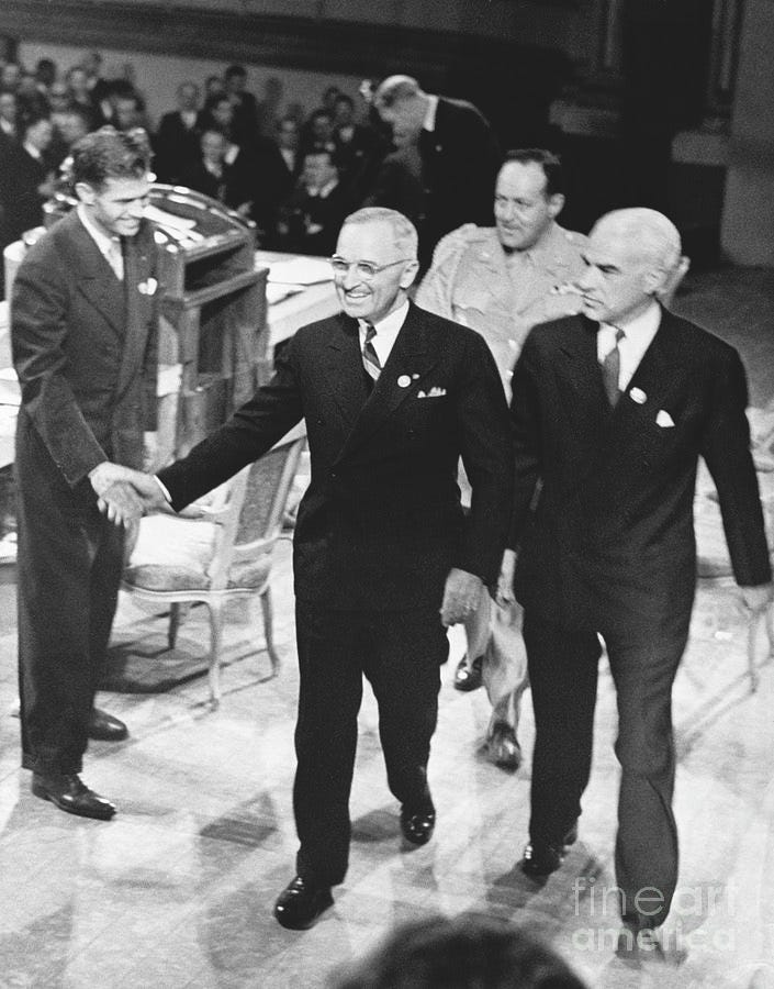 Hiss With Truman At U.n. Conference by Bettmann