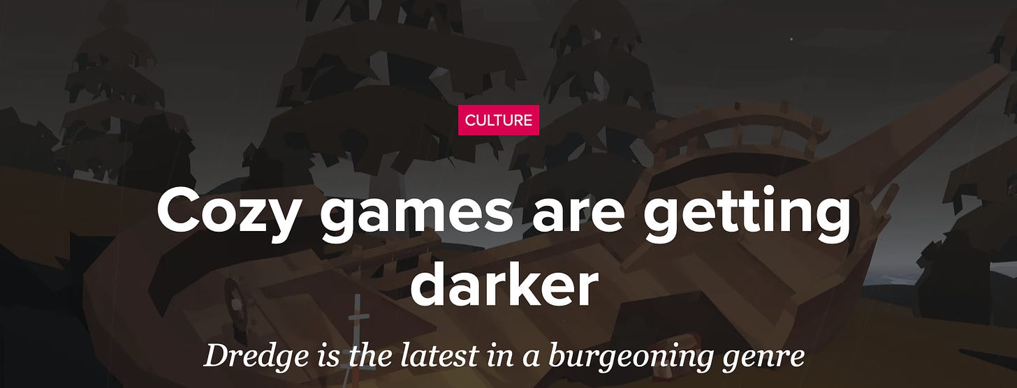 Screenshot from polygon: Culture. Cozy games are getting Darker; Dredge is the latest in a burgeoning genre.