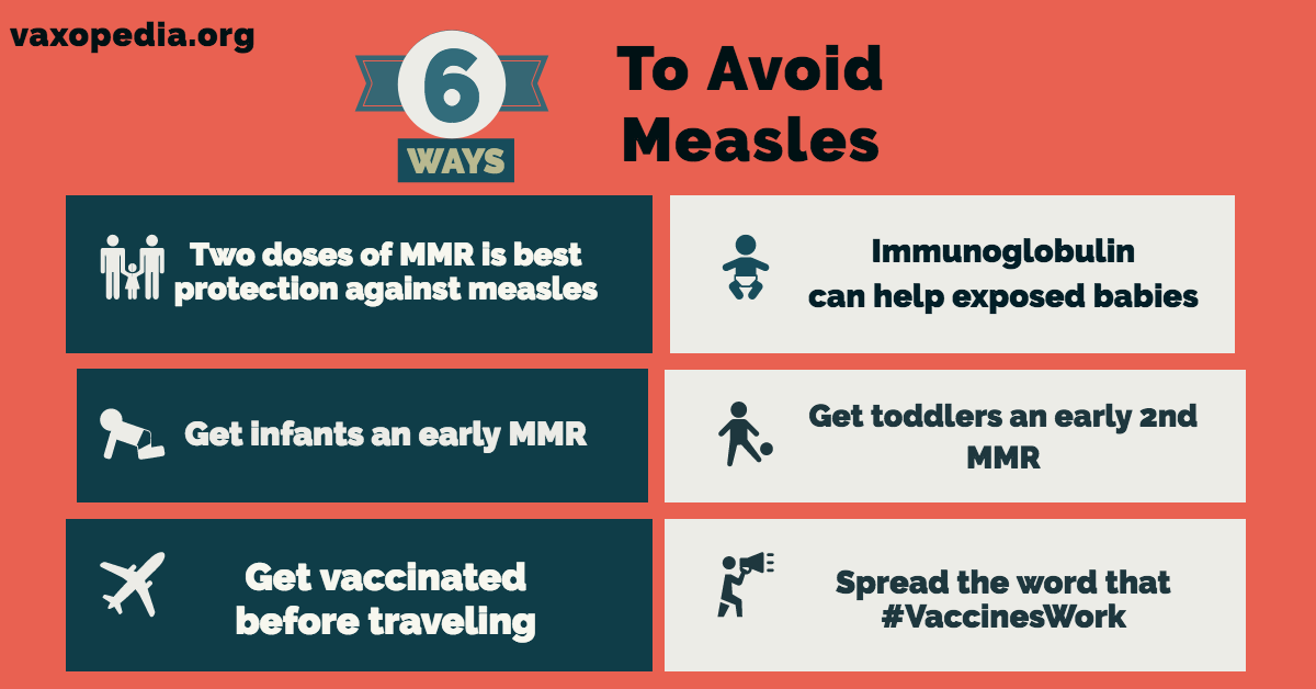 To avoid measles in a high risk situation, especially if traveling out of the country, you should get your infant an early MMR (by 6 months), your toddler an early 2nd MMR (after 13 months), and everyone else at least two doses of MMR to help make sure they are protected.