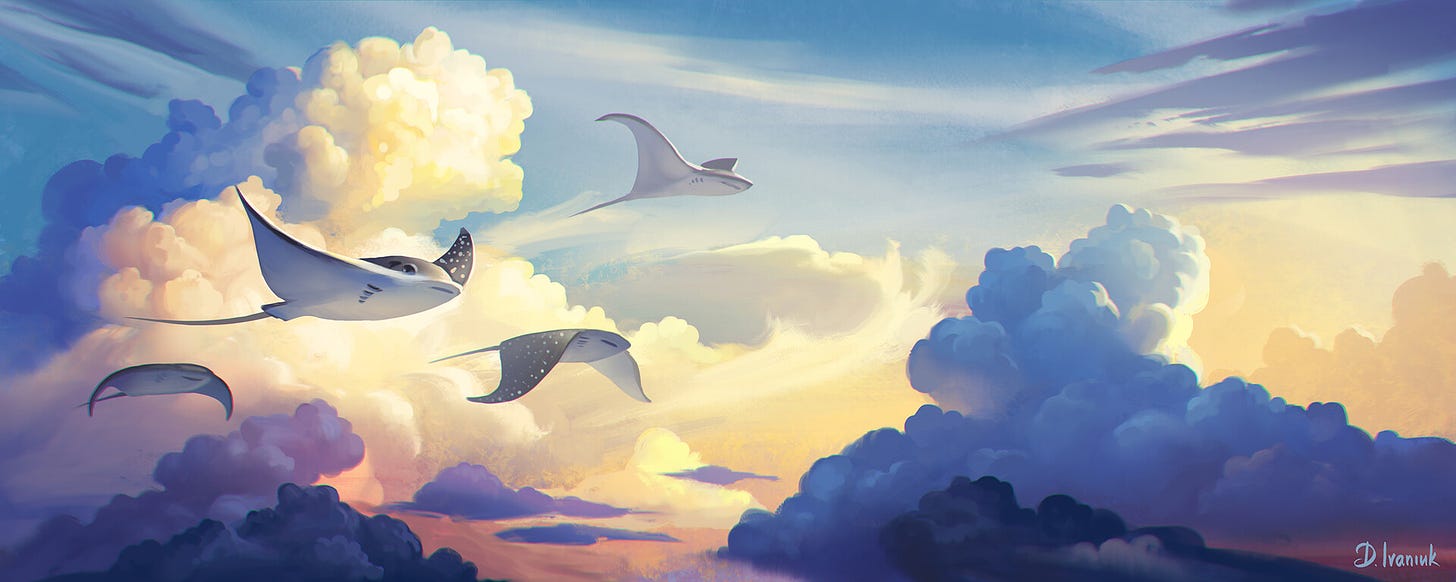 Four stingrays flying among dreamy clouds.
