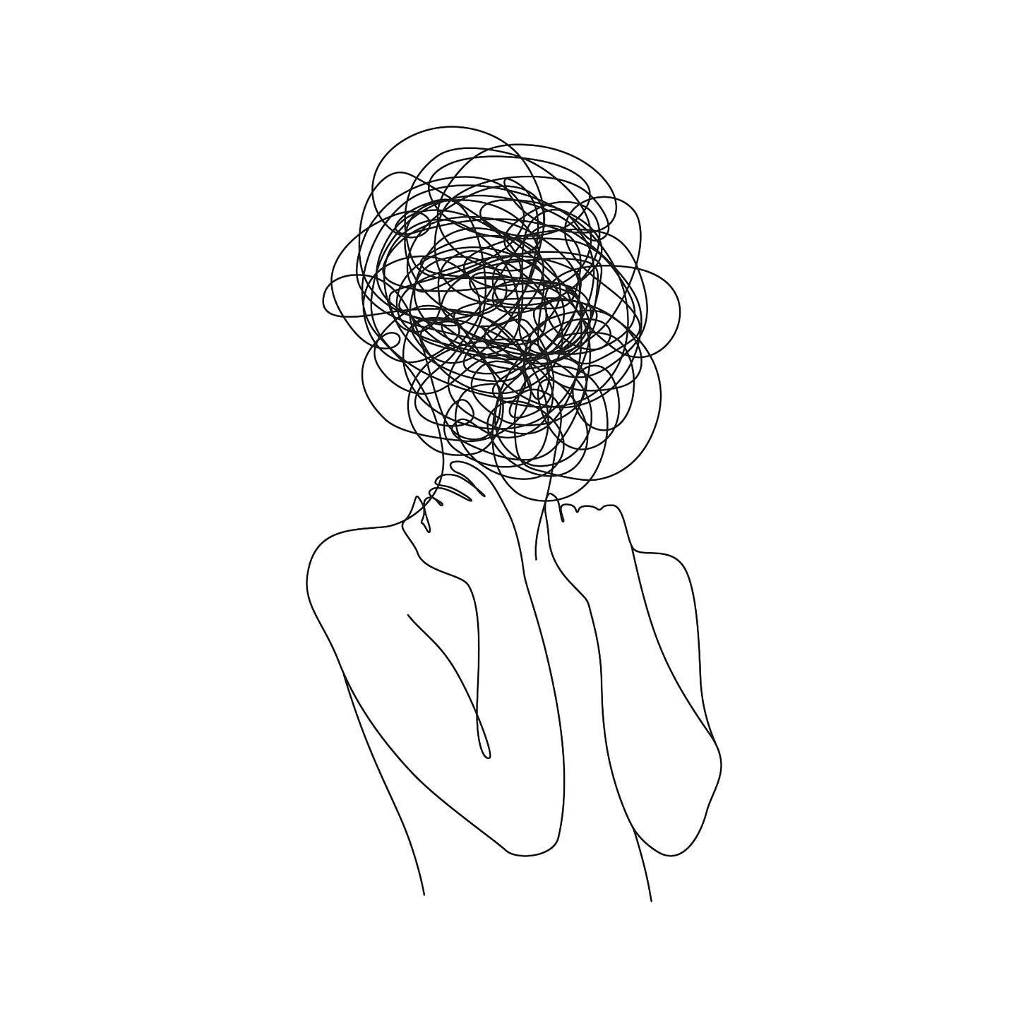 Continuous line drawing in black and white of a woman with a confised mass of swerved for a head