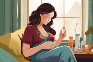 An illustration showing a pregnant woman taking medicine