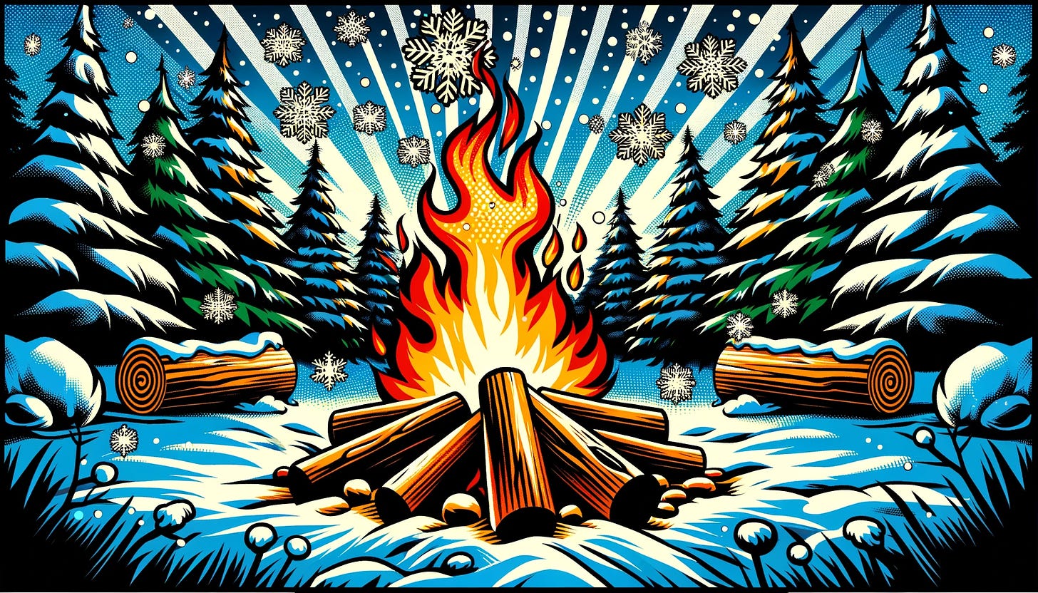 Campfire in a snowy forest