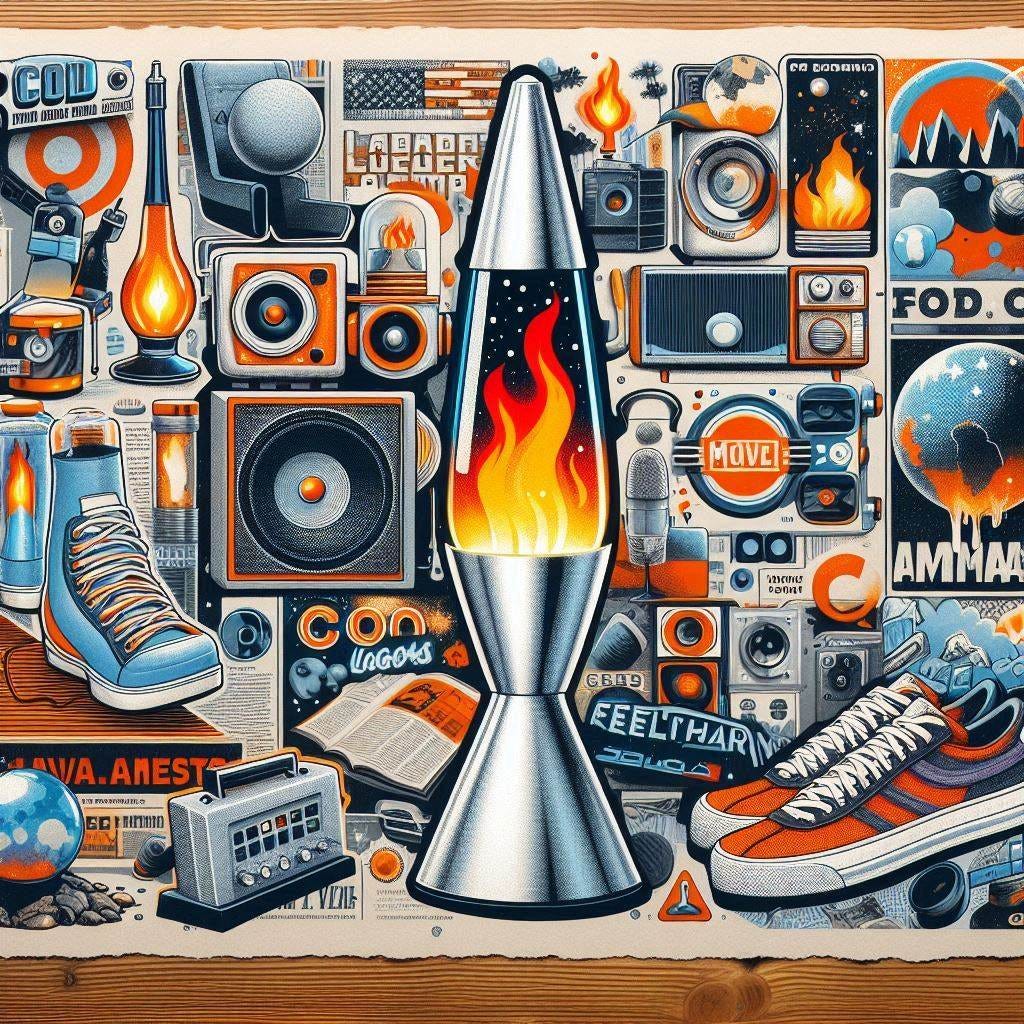 a scrapbook style collage of newspaper and magazine clippings featuring lava lamps, cool logos, podcast mics, shoes