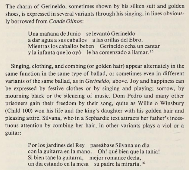 passage about Spanish ballad Gerineldo which draws comparison to Willie o' Winsbury by merit of its mention of golden flowing hair