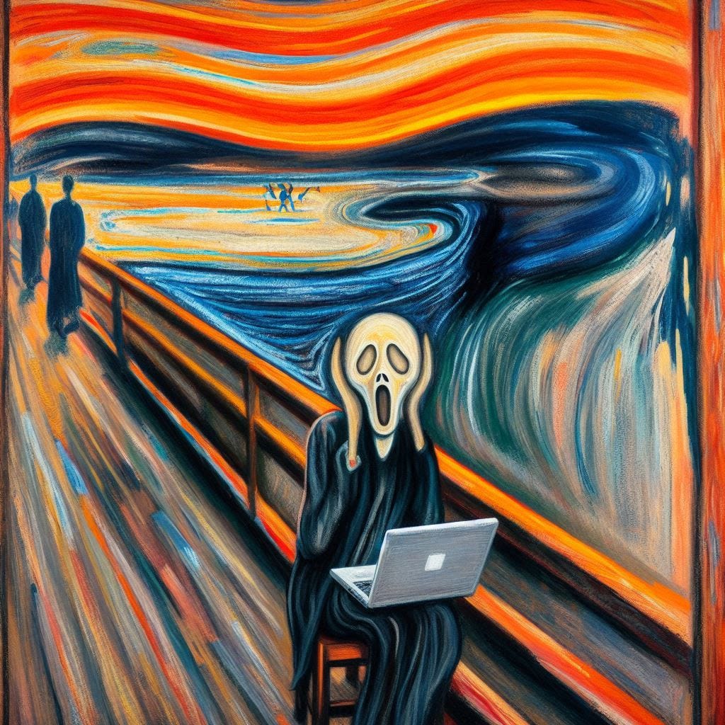 Can you please make a painting in the style of Edvard Munch's The Scream, except it is a screaming character sitting in a chair with a laptop on his lap?