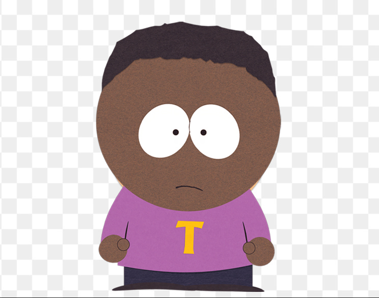 A color picture of an animated child character in an adult TV series. The child has dark skin, dark hair, is wearing a puce top with a giant "T" on it. He is shown standing with a white and grey checked background.